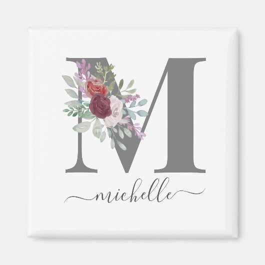 Aimant Monogramme Floral Initial Nom Moderne (Devant)