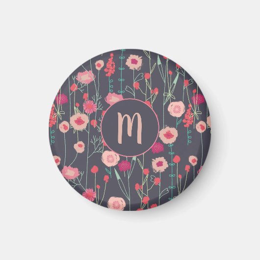 Aimant Monogramme Floral rose noir (Devant)