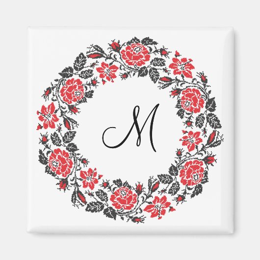 Aimant Monogramme initial des roses rouges à point croisé (Devant)