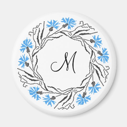 Aimant Monogramme initial du cercle de Cornflower de poin (Devant)