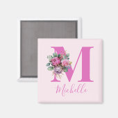 Aimant Monogramme Initial Nom Fleurs Aquarelle Rose (Recto/Verso)