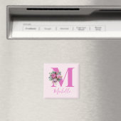 Aimant Monogramme Initial Nom Fleurs Aquarelle Rose (In Situ (Lave-vaisselle))