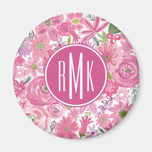 Aimant Monogramme | Je fais Pink Aquarelle Motif Floral (Devant)