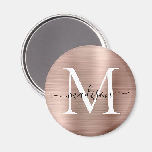 Aimant Monogramme métal brossé Rose moderne or Script (Recto/Verso)