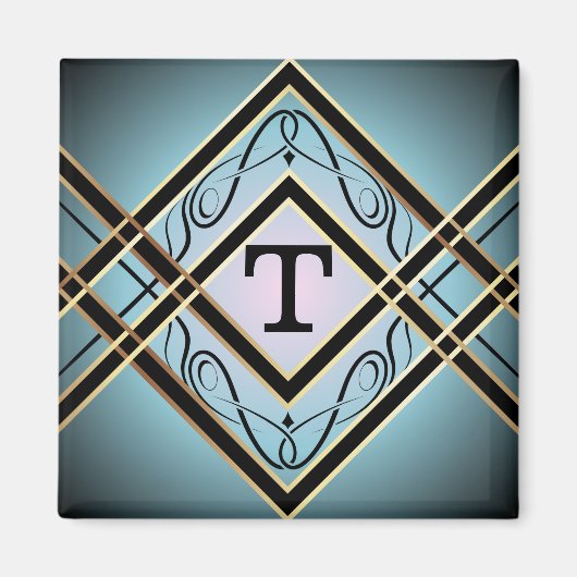 Aimant Monogramme moderne Art déco bleu élégant (Devant)