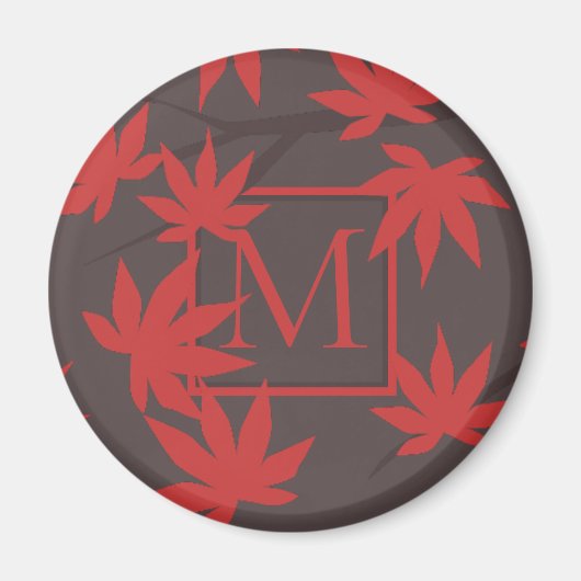 Aimant Monogramme Moderne Feuille d'Érable Rouge Grise (Devant)