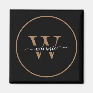 Aimant Monogramme moderne Noir Gold Nom de script minimal