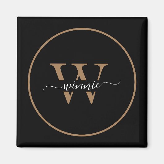Aimant Monogramme moderne Noir Gold Nom de script minimal (Devant)