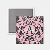 Aimant Monogramme moderne Rose rose et noir Damask (Recto/Verso)