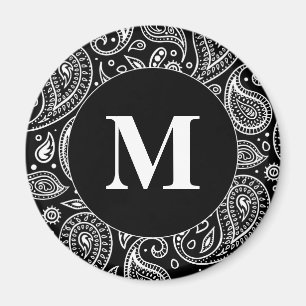 Aimant Monogramme noir et blanc Motif floral Paisley