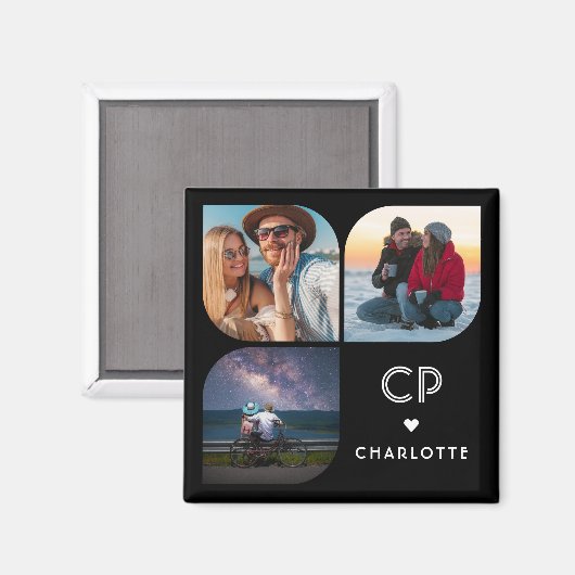 Aimant Monogramme Nom 3 Photo Moderne Simple Tendance (Recto/Verso)