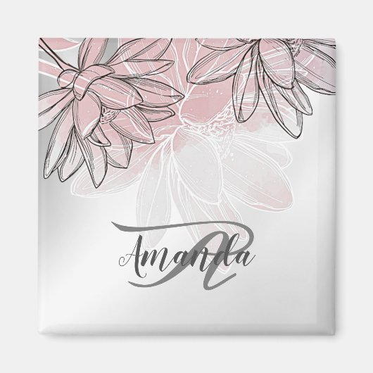 Aimant Monogramme Nom Fleurs Blanches Rose Aquarelle Arge (Devant)