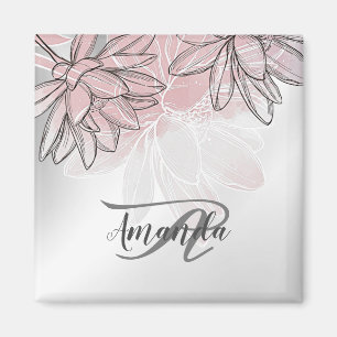 Aimant Monogramme Nom Fleurs Roses Blanches Aquarelle Arg