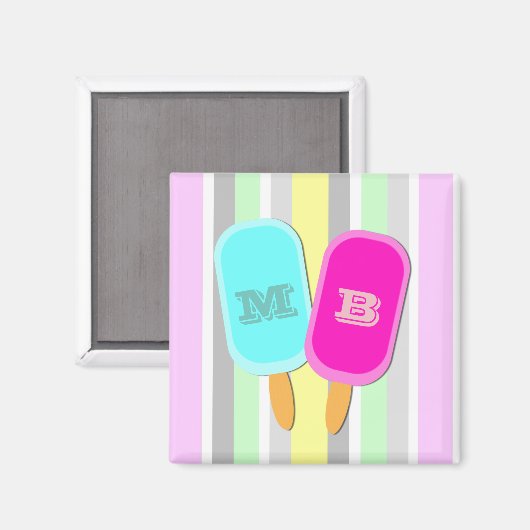 Aimant Monogramme Pastel Stripes et Popsicles (Recto/Verso)