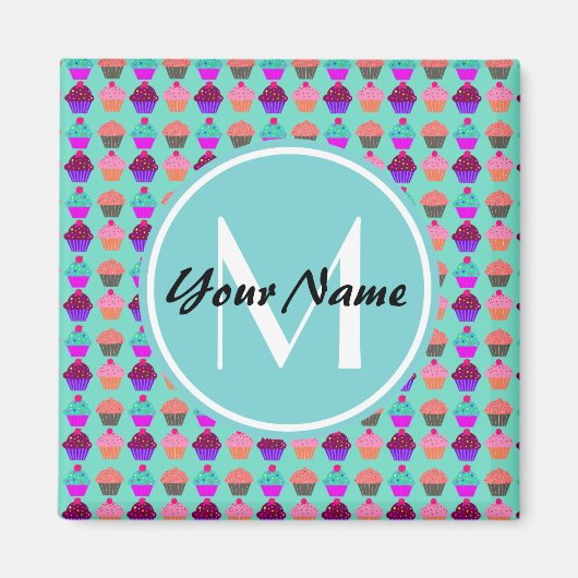 Aimant Monogramme personnalisé Aqua Cupcake (Devant)