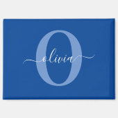 Aimant Monogramme personnalisé Nom du script Bleu Blanc (Recto)