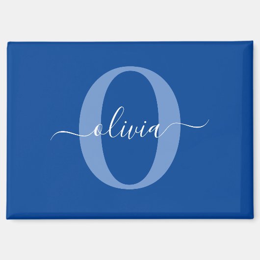 Aimant Monogramme personnalisé Nom du script Bleu Blanc (Recto)