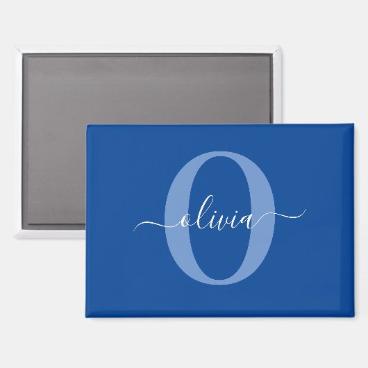 Aimant Monogramme personnalisé Nom du script Bleu Blanc (Recto/Verso)