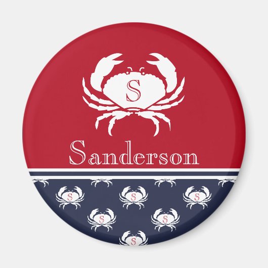 Aimant Monogramme Rouge Blanc Marine Bleu Crabe Nautique (Devant)