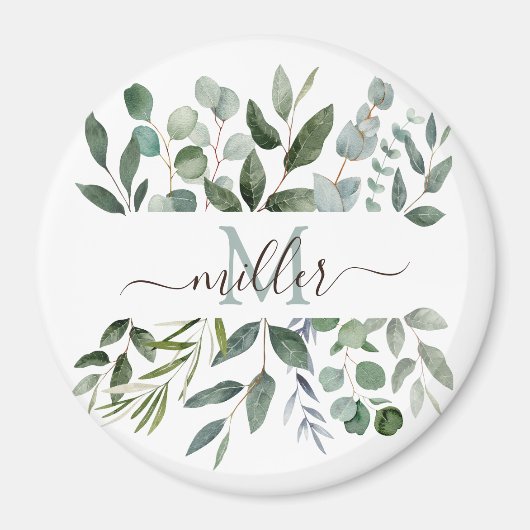 Aimant Monogramme Sage Green Eucalyptus Feuilles de verdu (Devant)