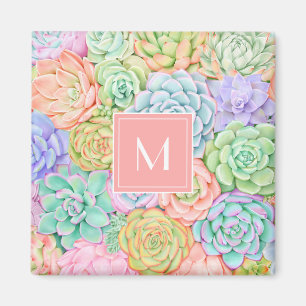 Aimant Monogramme Succulents Aquarelle Pastel coloré