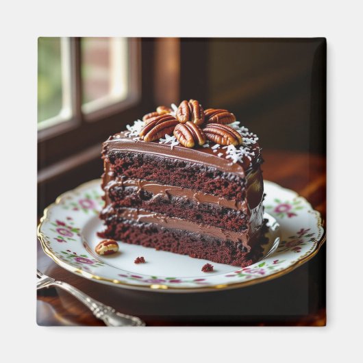 Aimant Morceau de gâteau au chocolat sur une assiette fan (Devant)