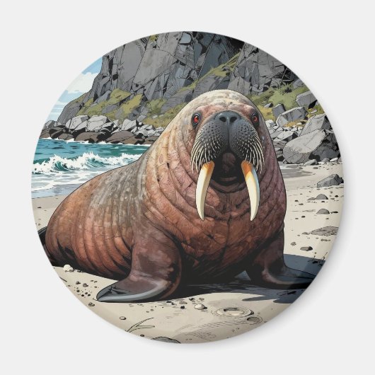 Aimant Morse sur une plage de sable | Animaux mignons (Devant)