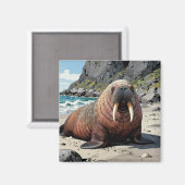 Aimant Morse sur une plage de sable | Animaux Mignons (Recto/Verso)
