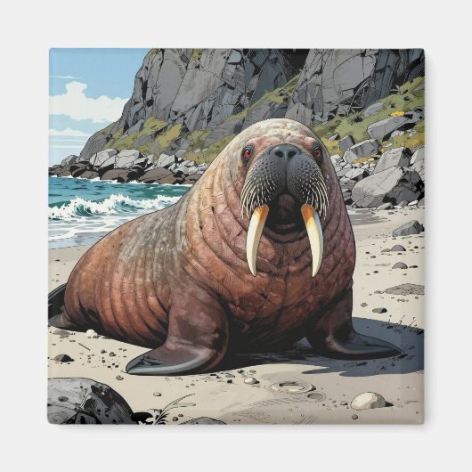 Aimant Morse sur une plage de sable | Animaux Mignons (Devant)