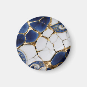 Aimant Mosaïque en porcelaine bleu blanc or Kintsugi