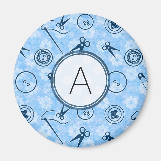 Aimant Motif à coudre bleu avec Monogramme (Devant)