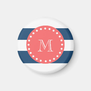 Aimant Motif blanc de rayures de bleu marine, monogramme