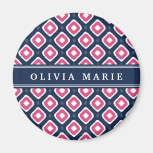 Aimant Motif bleu rose Ikat Mod avec nom