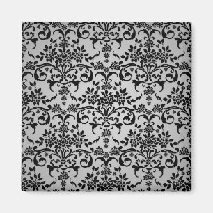 Aimant Motif damassé floral blanc et argenté noir