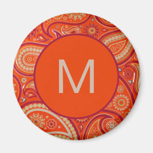 Aimant Motif de paisley orange orné avec monogramme