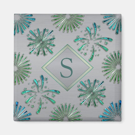 Aimant Motif élégant orné bleu-vert monogramme (Devant)