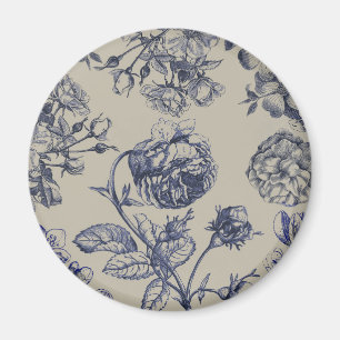 Aimant Motif floral botanique toile bleue vintage antique