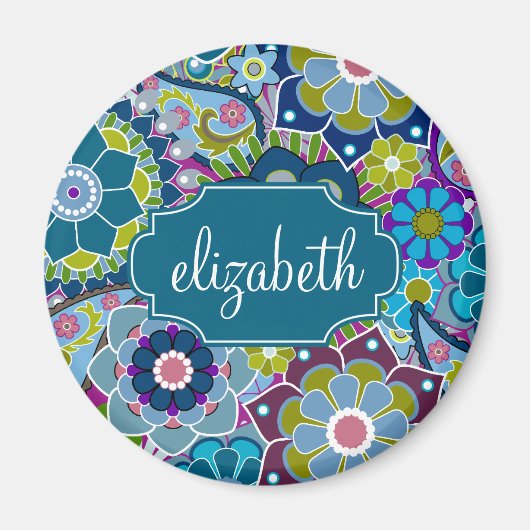 Aimant Motif floral funky avec nom personnalisé (Devant)