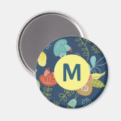 Aimant Motif floral mignon coloré Monogramme bleu foncé (Recto/Verso)