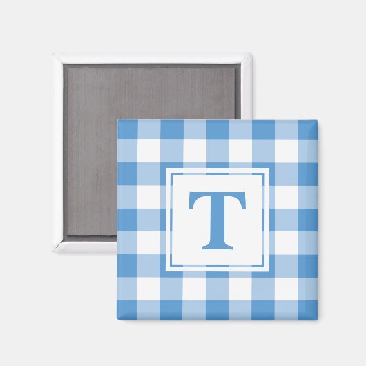 Aimant Motif Plaid bleu clair et blanc avec Monogramme (Recto/Verso)