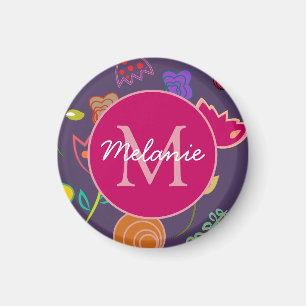 Aimant Motif Tulipe Funky Monogramme Violet Personnalisé