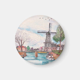 Aimant Moulin De Adriaan Haarlem Pays-Bas Aquarelle