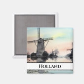 Aimant Moulins à vent à l'aube - Peinture aquarelle (Recto/Verso)