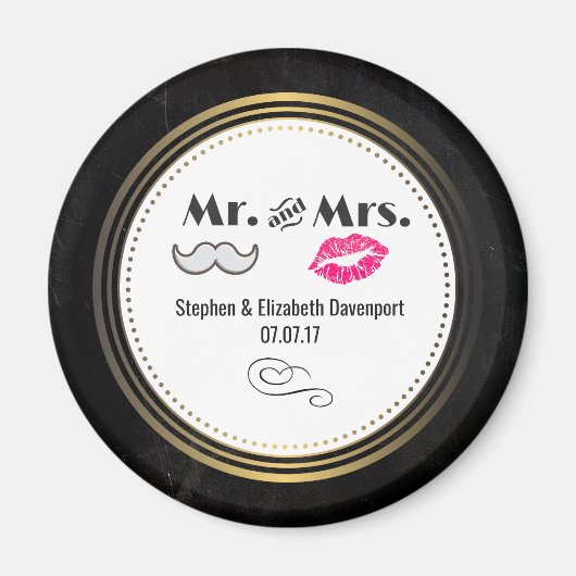 Aimant Moustache & Lèvres M. & Mme Black & Gold Mariage (Devant)