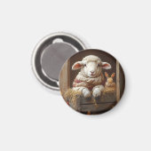 Aimant Moutons et lapin douillets en Grange avec Fleurs (Recto/Verso)