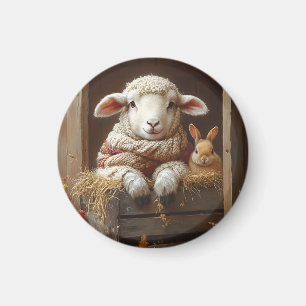 Aimant Moutons et lapin douillets en Grange avec Fleurs