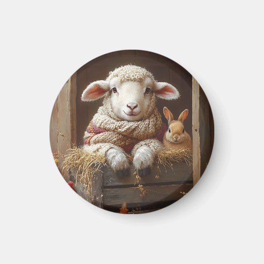 Aimant Moutons et lapin douillets en Grange avec Fleurs (Devant)