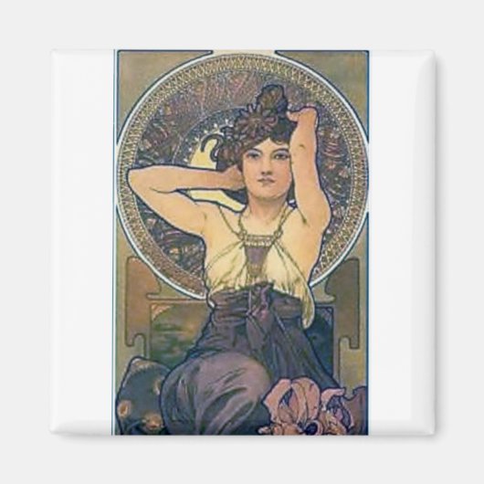 Aimant Mucha iris fleurs femme art déco (Devant)