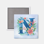 Aimant N monogramme bleu avec fleurs (Recto/Verso)