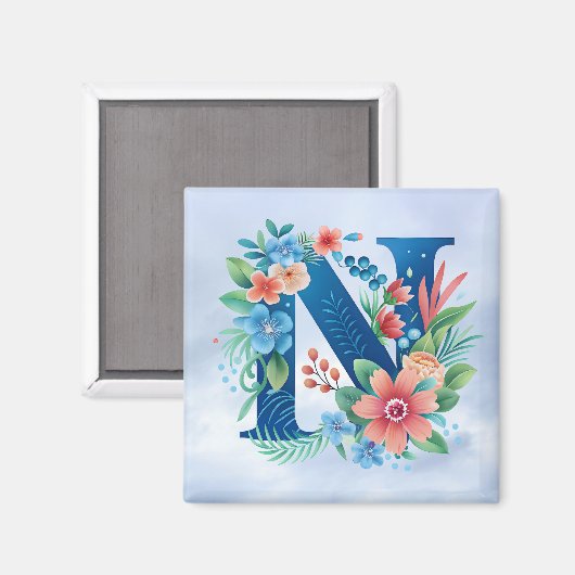 Aimant N monogramme bleu avec fleurs (Recto/Verso)